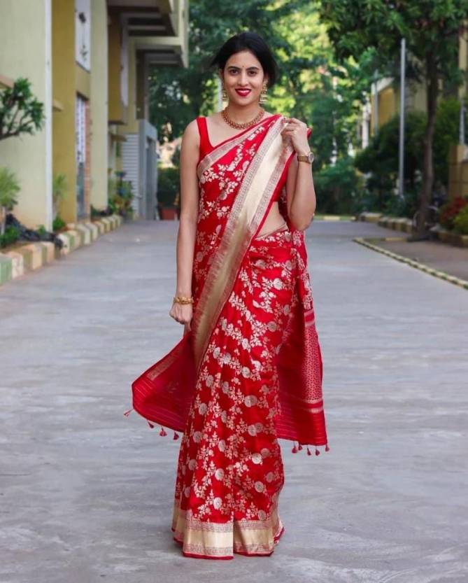 MF 1500 Red Designer Soft Lichi Silk Saree Wholesale Clothing Suppliers In India 